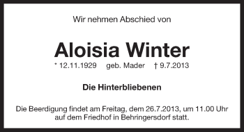 Traueranzeige von Aloisia Winter von Pegnitz-Zeitung